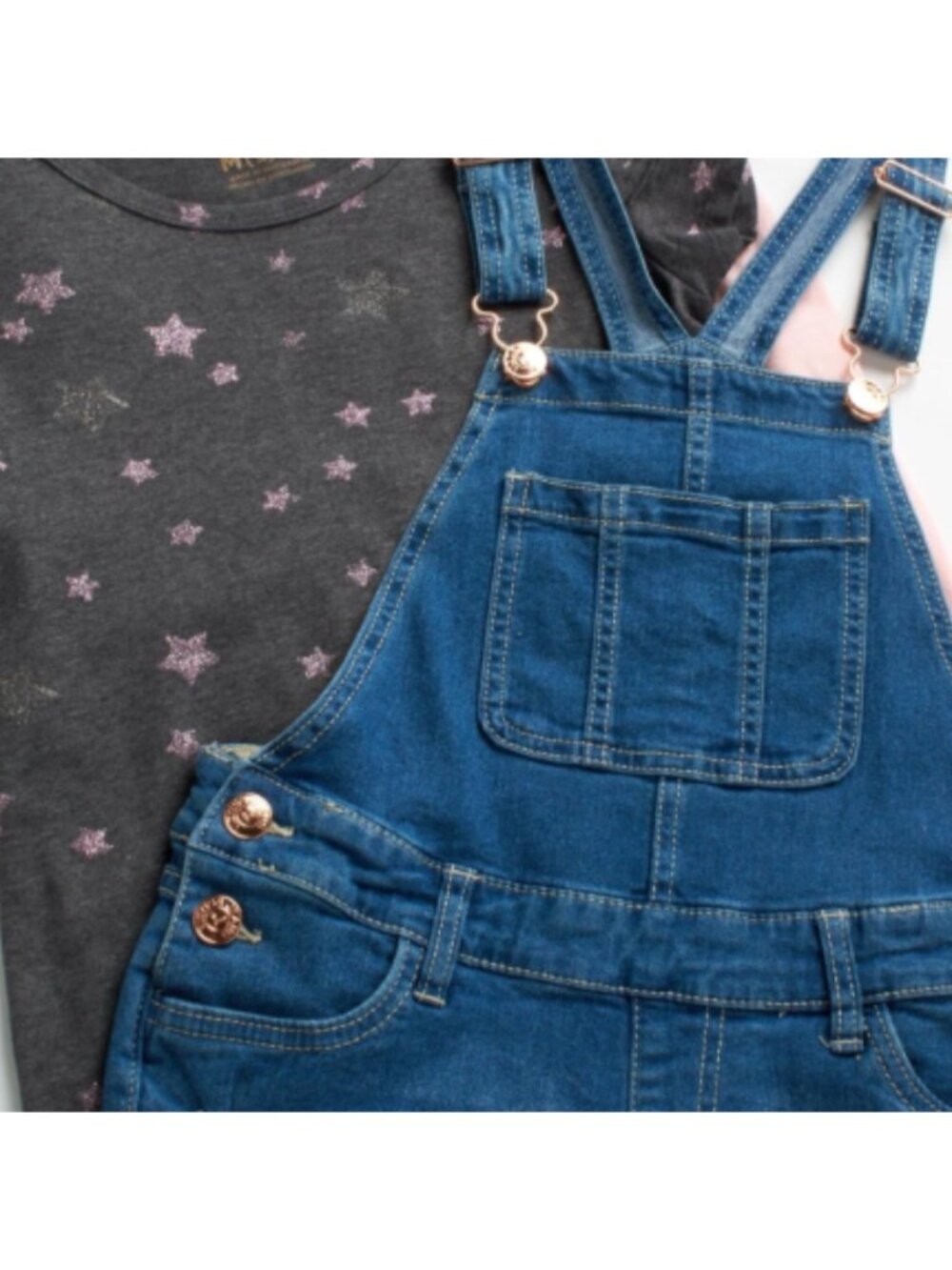 Vigoss Girls 3-Piece Outfit Set L Pink & Gray Star Shirts With Denim Overall Sho - Picture 2 of 8